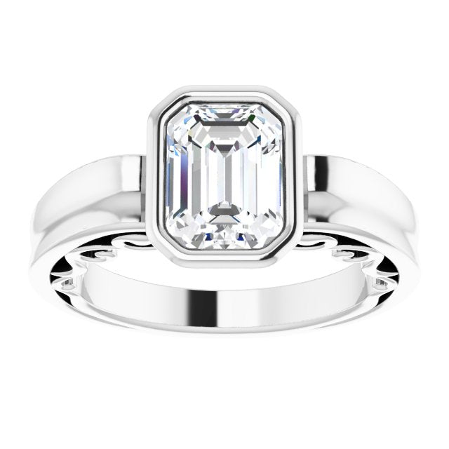 Cubic Zirconia Engagement Ring- The Fredrika (Customizable Bezel-set Emerald Cut Solitaire with Wide 3-sided Band)