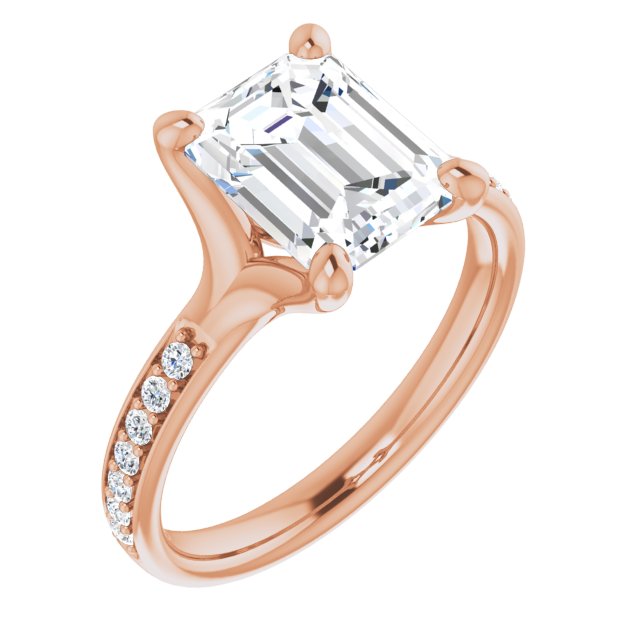 10K Rose Gold Customizable Heavy Prong-Set Emerald/Radiant Cut Style with Round Cut Band Accents