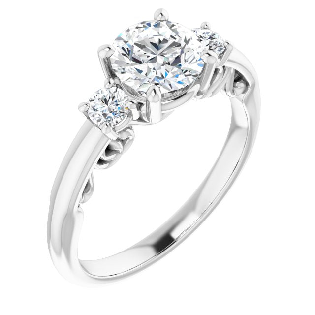 10K White Gold Customizable Round Cut 3-stone Style featuring Heart-Motif Band Enhancement