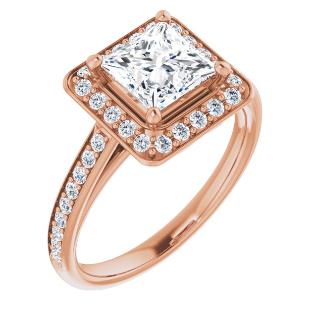 10K Rose Gold Customizable Cathedral-raised Princess/Square Cut Halo-and-Accented Band Design