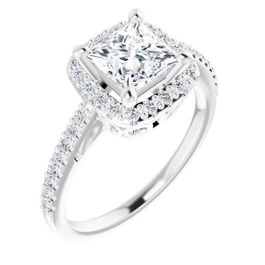 10K White Gold Customizable Cathedral-Crown Princess/Square Cut Design with Halo and Accented Band