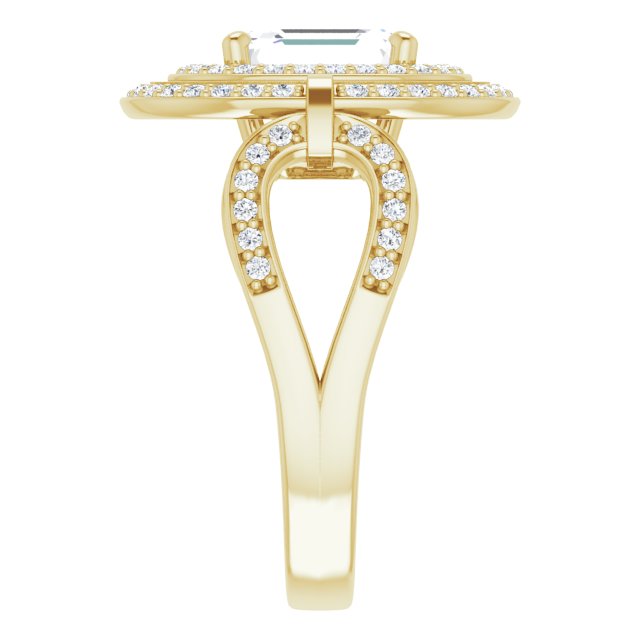 Cubic Zirconia Engagement Ring- The Daksha (Customizable Cathedral-set Radiant Cut Design with Double Halo & Accented Ultra-wide Horseshoe-inspired Split Band)