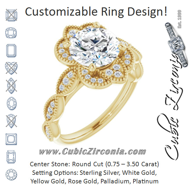 Cubic Zirconia Engagement Ring- The Huá (Customizable Cathedral-style Round Cut Design with Floral Segmented Halo & Milgrain+Accents Band)