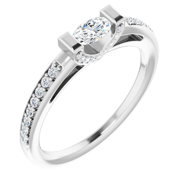 10K White Gold Customizable Cathedral-Bar Oval Cut Design featuring Shared Prong Band and Prong Accents