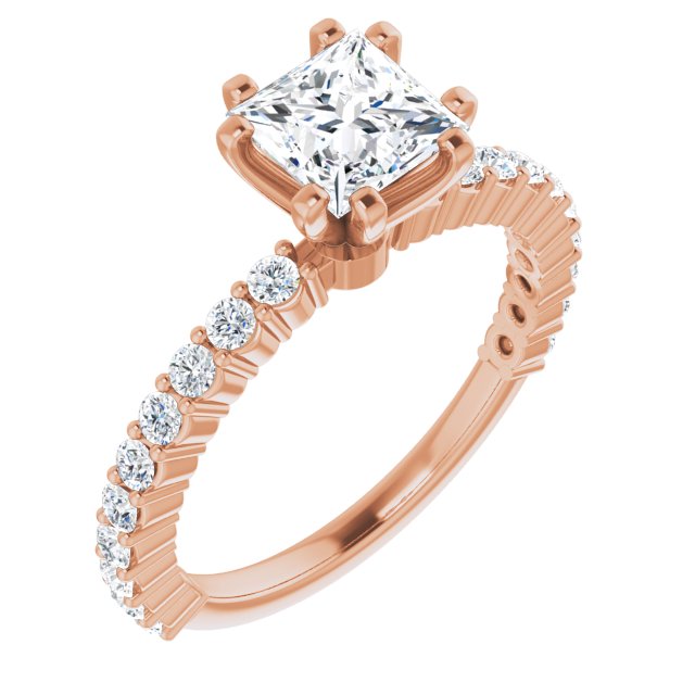 10K Rose Gold Customizable 8-prong Princess/Square Cut Design with Thin, Stackable Pav? Band