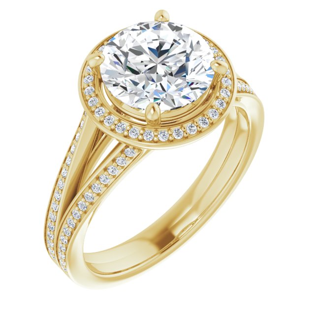 14K Yellow Gold Customizable Round Cut Design with Split-Band Shared Prong & Halo