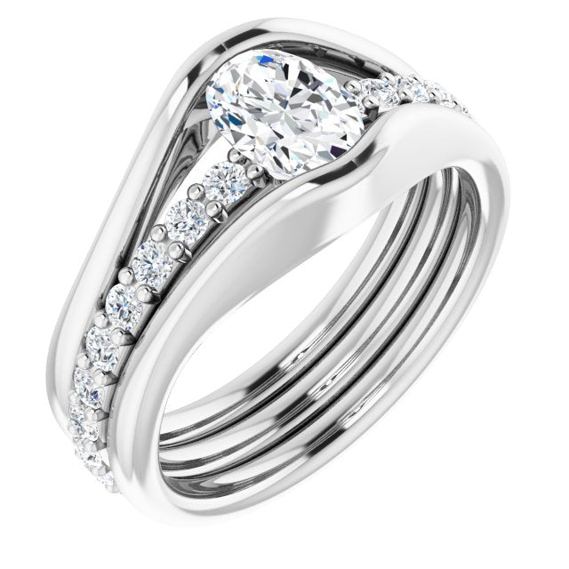 10K White Gold Customizable Bezel-set Oval Cut Style with Thick Pavé Band