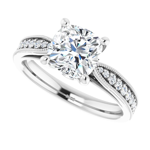 Cubic Zirconia Engagement Ring- The Carli Love (Customizable Cushion Cut Style featuring Milgrained Shared Prong Band & Dual Peekaboos)
