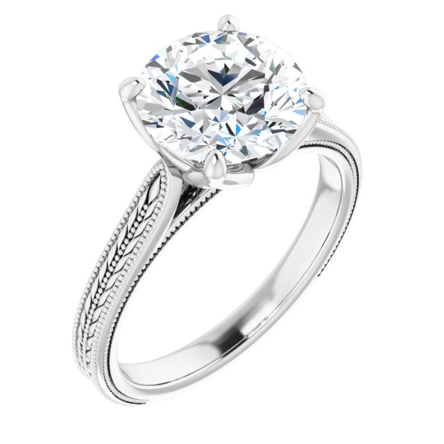 Platinum Customizable Round Cut Solitaire with Wheat-inspired Band 