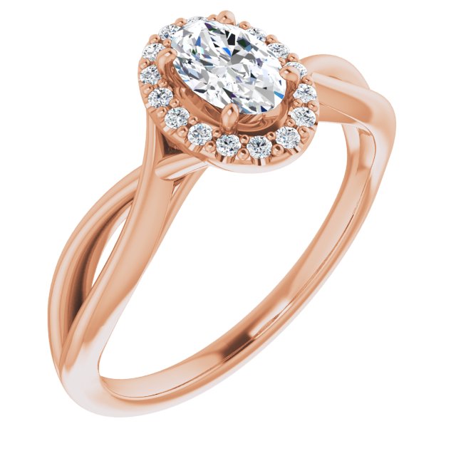 10K Rose Gold Customizable Cathedral-Halo Oval Cut Design with Twisting Split Band