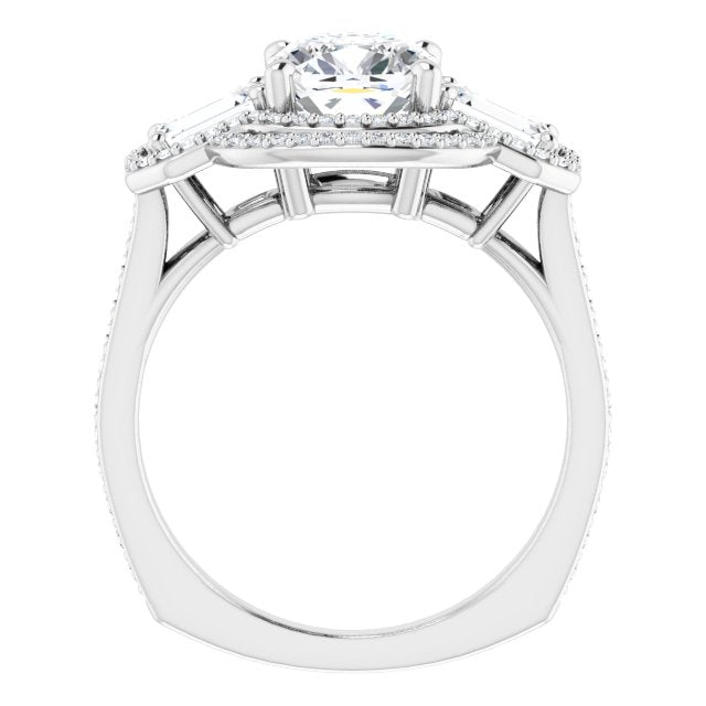 Cubic Zirconia Engagement Ring- The Fallon (Customizable Enhanced 3-stone Style with Cushion Cut Center, Emerald Cut Accents, Double Halo and Thin Shared Prong Band)