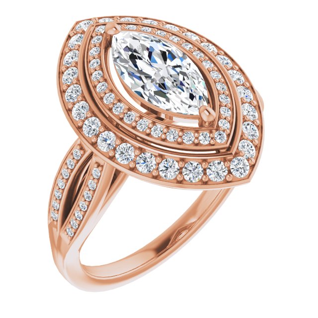 10K Rose Gold Customizable Cathedral-style Marquise Cut Design with Double Halo & Split-Pavé Band