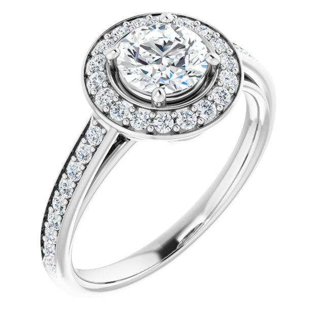 10K White Gold Customizable Cathedral-raised Round Cut Halo-and-Accented Band Design