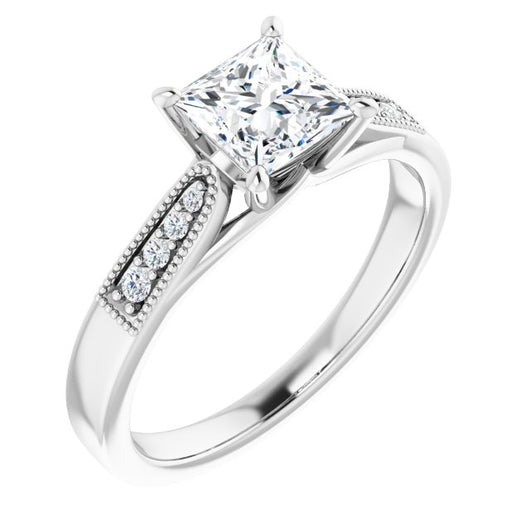 10K White Gold Customizable 9-stone Vintage Design with Princess/Square Cut Center and Round Band Accents