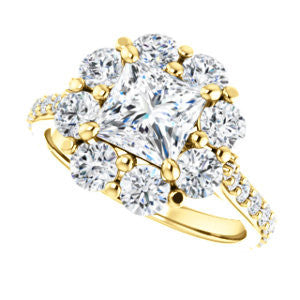 Cubic Zirconia Engagement Ring- The Temeka (Customizable Cathedral-Princess Cut Style featuring Large-Accent Floral Cluster Halo and Thin Pavé Band)