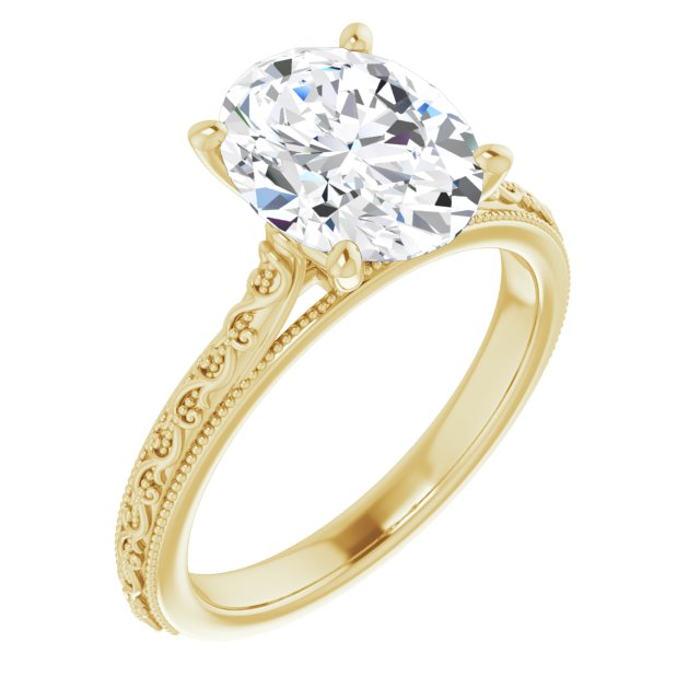 10K Yellow Gold Customizable Oval Cut Solitaire with Delicate Milgrain Filigree Band