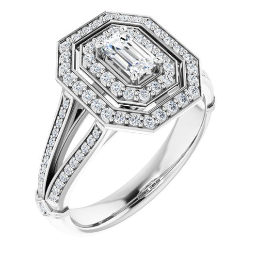 10K White Gold Customizable Cathedral-set Emerald/Radiant Cut Design with Double Halo, Wide Split-Shared Prong Band and Side Knuckle Accents