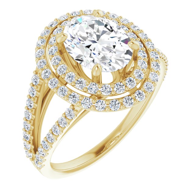 10K Yellow Gold Customizable Oval Cut Design with Double Halo and Wide Split-Pavé Band