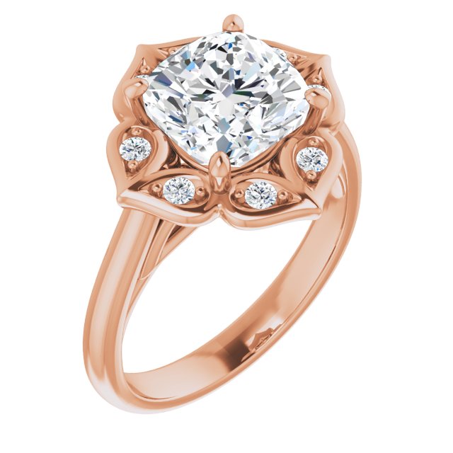 10K Rose Gold Customizable Cathedral-raised Cushion Cut Design with Star Halo & Round-Bezel Peekaboo Accents