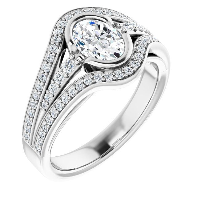 10K White Gold Customizable Cathedral-Bezel Oval Cut Design with Wide Triple-Split-Pavé Band