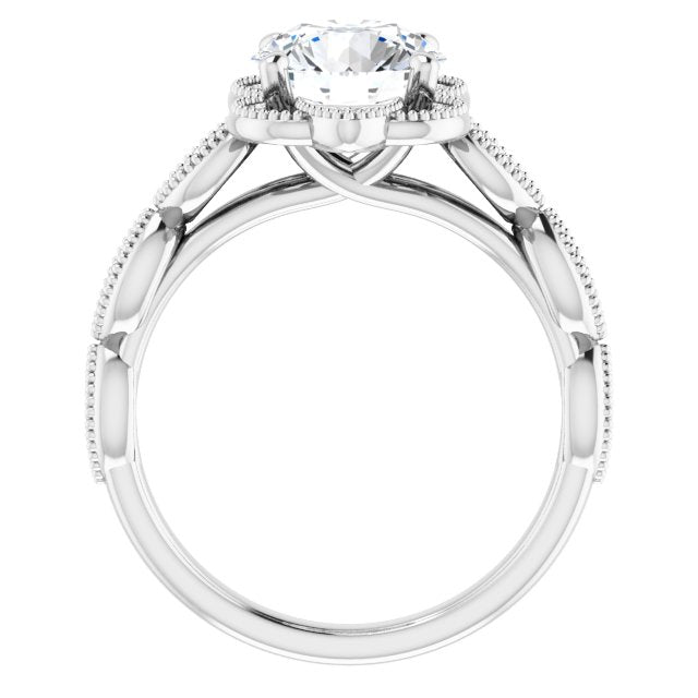 Cubic Zirconia Engagement Ring- The Huá (Customizable Cathedral-style Round Cut Design with Floral Segmented Halo & Milgrain+Accents Band)