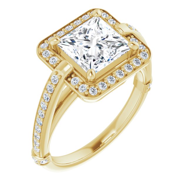 10K Yellow Gold Customizable High-Cathedral Princess/Square Cut Design with Halo and Shared Prong Band
