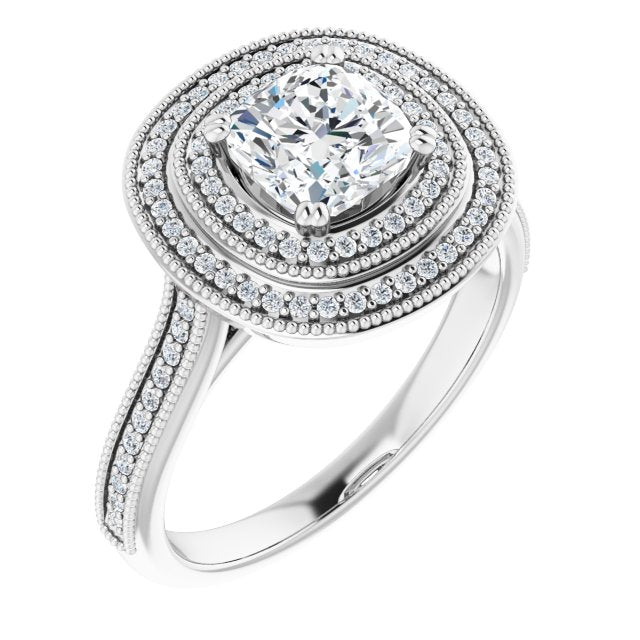 10K White Gold Customizable Cushion Cut Design with Elegant Double Halo, Houndstooth Milgrain and Band-Channel Accents