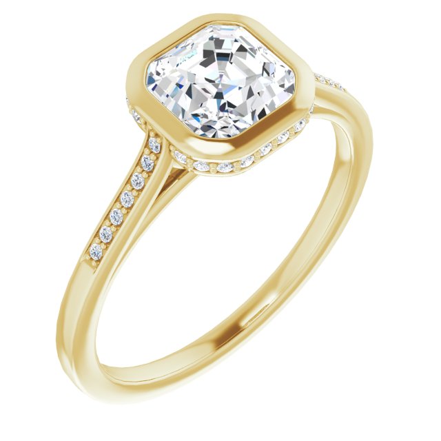 10K Yellow Gold Customizable Cathedral-Bezel Asscher Cut Style with Under-halo and Shared Prong Band