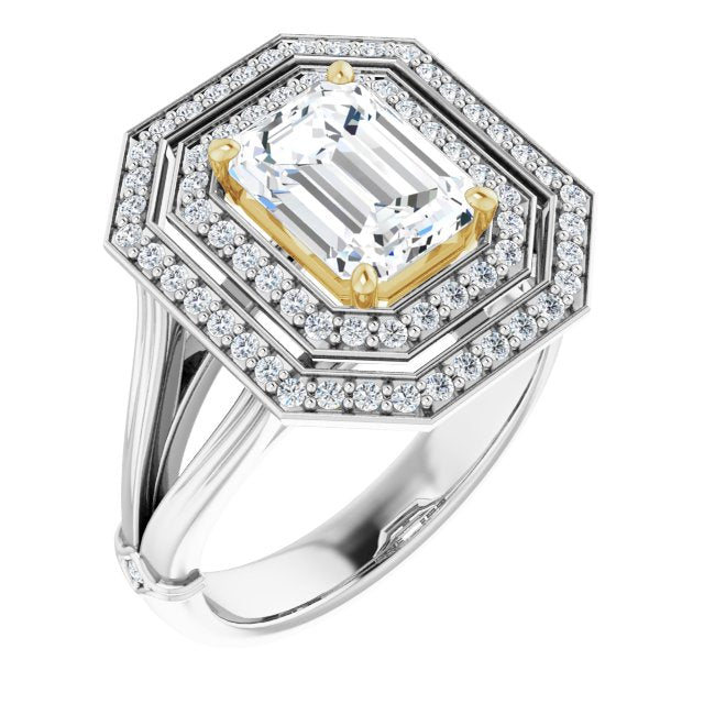 14K White & Yellow Gold Customizable Cathedral-set Emerald/Radiant Cut Design with Double Halo, Wide Split Band and Side Knuckle Accents