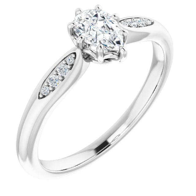 10K White Gold Customizable 9-stone Pear Cut Design with 8-prong Decorative Basket & Round Cut Side Stones