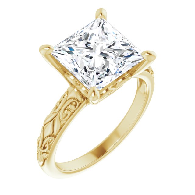 10K Yellow Gold Customizable Princess/Square Cut Solitaire featuring Delicate Metal Scrollwork