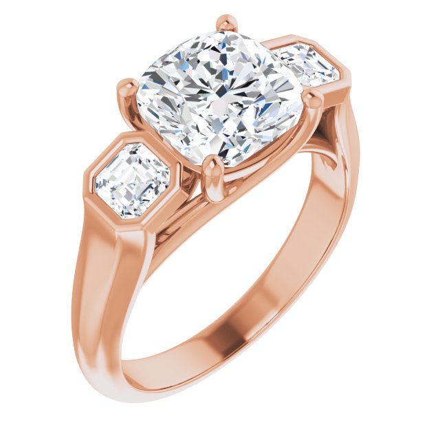 10K Rose Gold Customizable 3-stone Cathedral Cushion Cut Design with Twin Asscher Cut Side Stones
