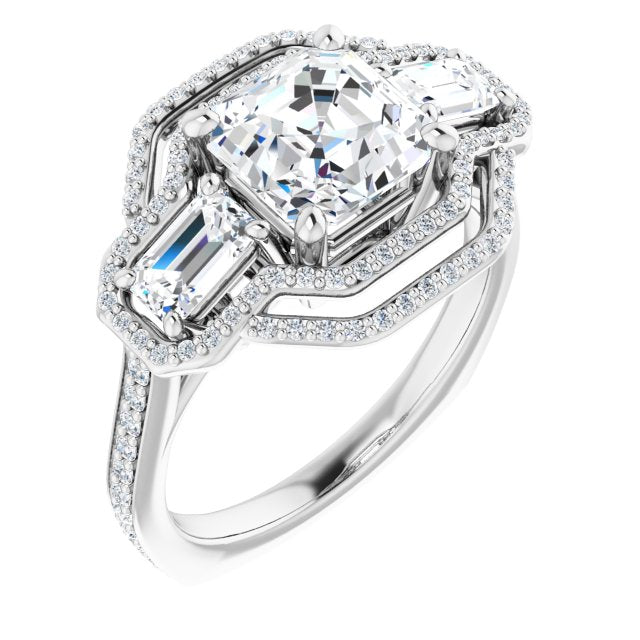 Cubic Zirconia Engagement Ring- The Fallon (Customizable Enhanced 3-stone Style with Asscher Cut Center, Emerald Cut Accents, Double Halo and Thin Shared Prong Band)