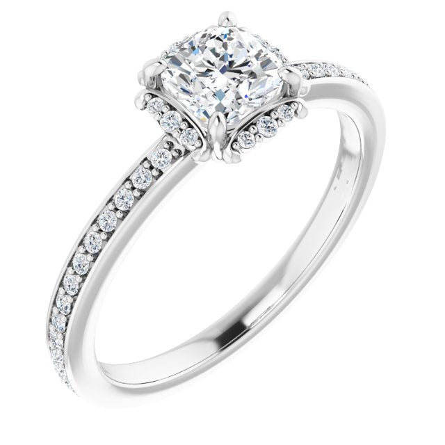 10K White Gold Customizable Cushion Cut Style with Halo and Thin Shared Prong Band