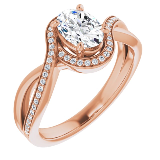 10K Rose Gold Customizable Bypass-Halo-Accented Oval Cut Center with Twisting Split Shared Prong Band