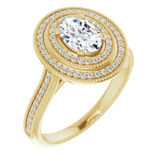 10K Yellow Gold Customizable Oval Cut Design with Elegant Double Halo, Houndstooth Milgrain and Band-Channel Accents