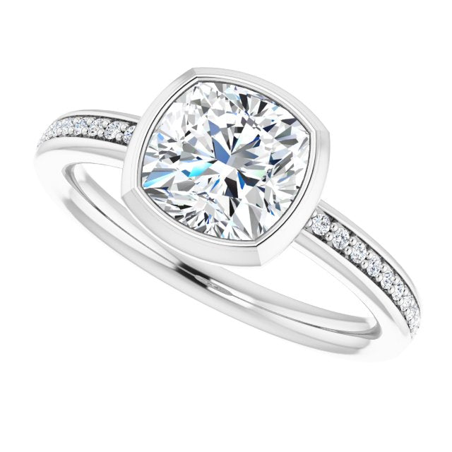 Cubic Zirconia Engagement Ring- The Greta (Customizable Bezel-Set Cushion Cut Center with Thin Shared Prong Band)