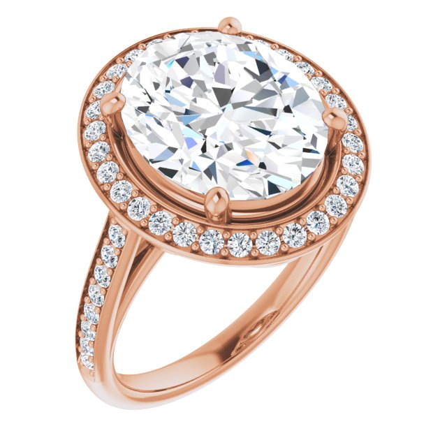 10K Rose Gold Customizable Cathedral-raised Oval Cut Halo-and-Accented Band Design