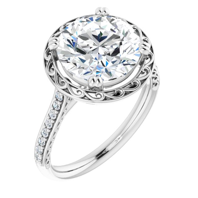 10K White Gold Customizable Round Cut Halo Design with Filigree and Accented Band