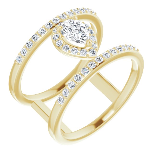 10K Yellow Gold Customizable Pear Cut Halo Design with Open, Ultrawide Harness Double Pavé Band