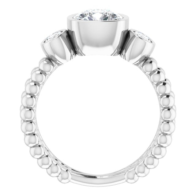 Cubic Zirconia Engagement Ring- The a'Malisa (Customizable 3-stone Cushion Cut Design with 2 Oval Cut Side Stones and Wide, Bubble-Bead Split-Band)