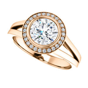 Cubic Zirconia Engagement Ring- The Blondie (Customizable Bezel-set Cathedral-style Round Cut with Halo Style and V-Split Band)