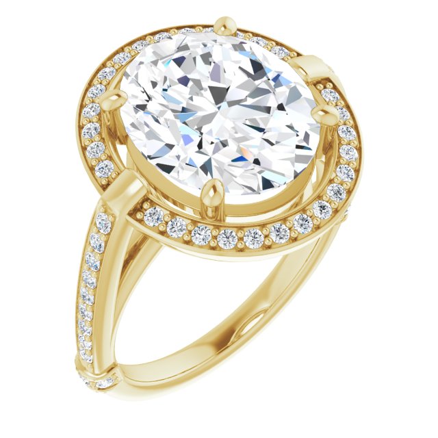 10K Yellow Gold Customizable High-Cathedral Oval Cut Design with Halo and Shared Prong Band