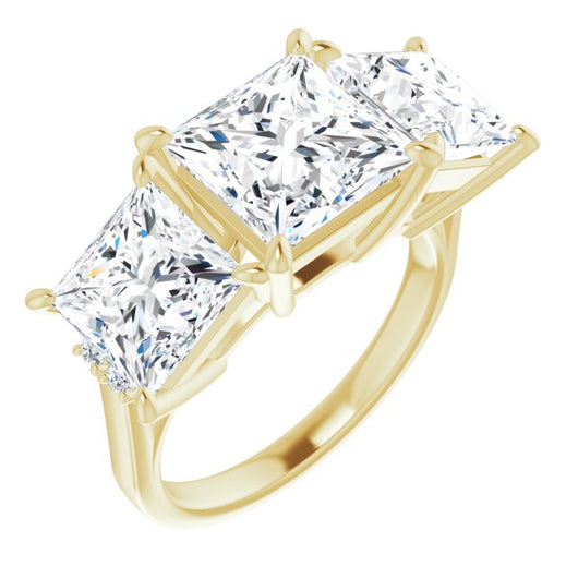 10K Yellow Gold Customizable Triple Princess/Square Cut Design with Quad Vertical-Oriented Round Accents