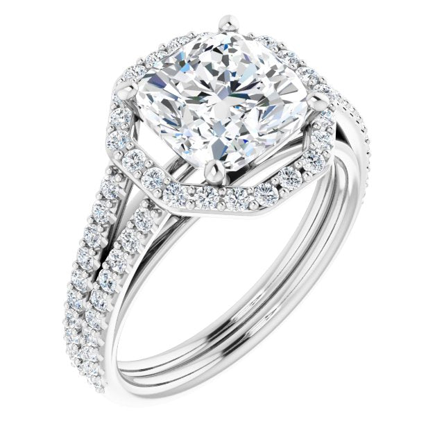 10K White Gold Customizable Cathedral Cushion Cut Design with Geometric Halo & Split Pavé Band