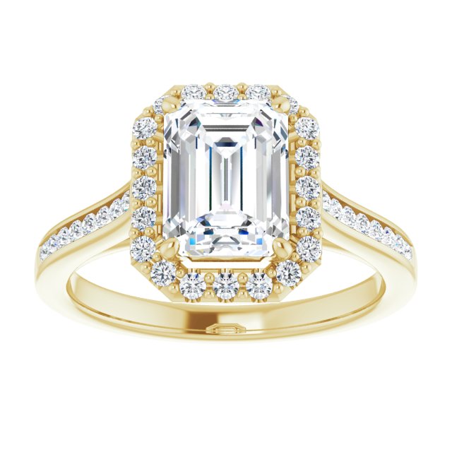 Cubic Zirconia Engagement Ring- The Star (Customizable Emerald Cut Design with Halo, Round Channel Band and Floating Peekaboo Accents)