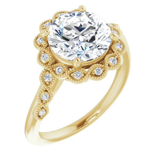14K Yellow Gold Customizable 3-stone Design with Round Cut Center and Halo Enhancement