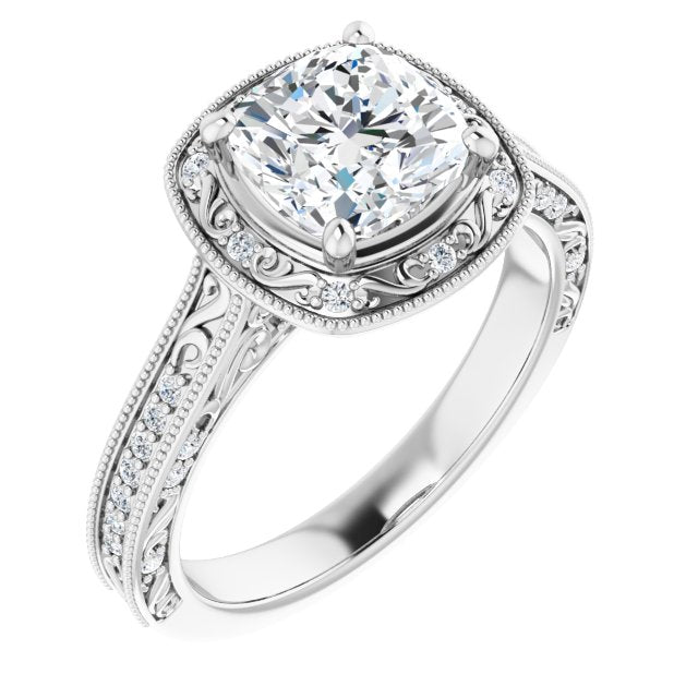 Cubic Zirconia Engagement Ring- The Eowyn (Customizable Vintage Artisan Cushion Cut Design with 3-Sided Filigree and Side Inlay Accent Enhancements)