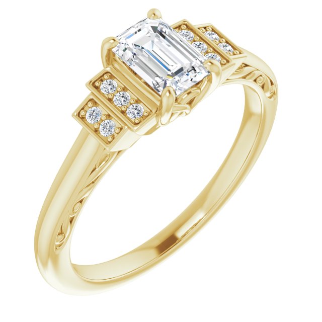 10K Yellow Gold Customizable Engraved Design with Emerald/Radiant Cut Center and Perpendicular Band Accents