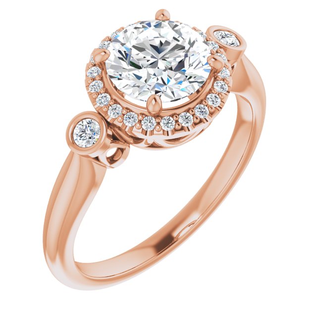 10K Rose Gold Customizable Round Cut Style with Halo and Twin Round Bezel Accents